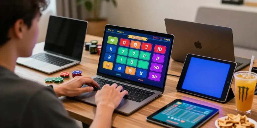 Pemain totowin88 menikmati permainan kasino langsung di rumah dengan perangkat digital.