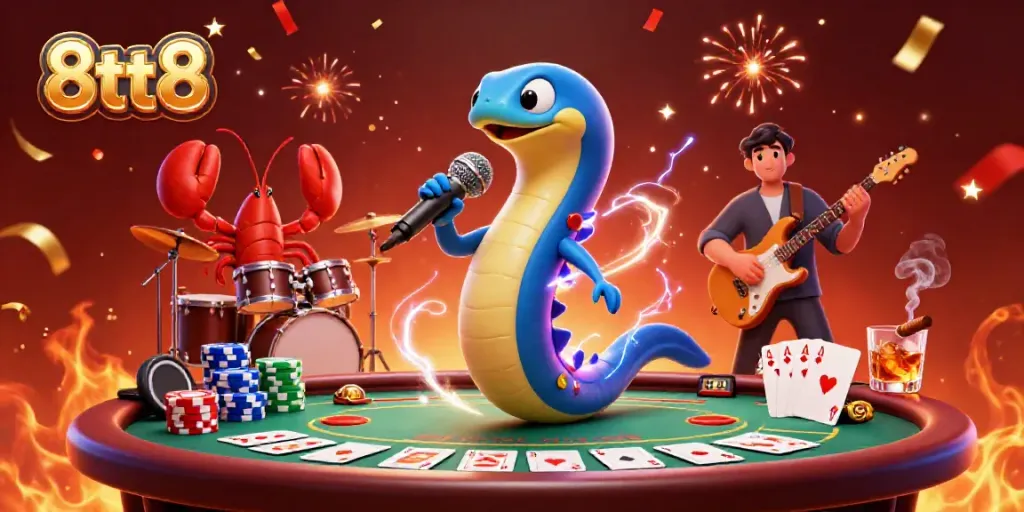 Experience the vibrant 8tt8 electric eel DJing at an underwater casino with poker action.