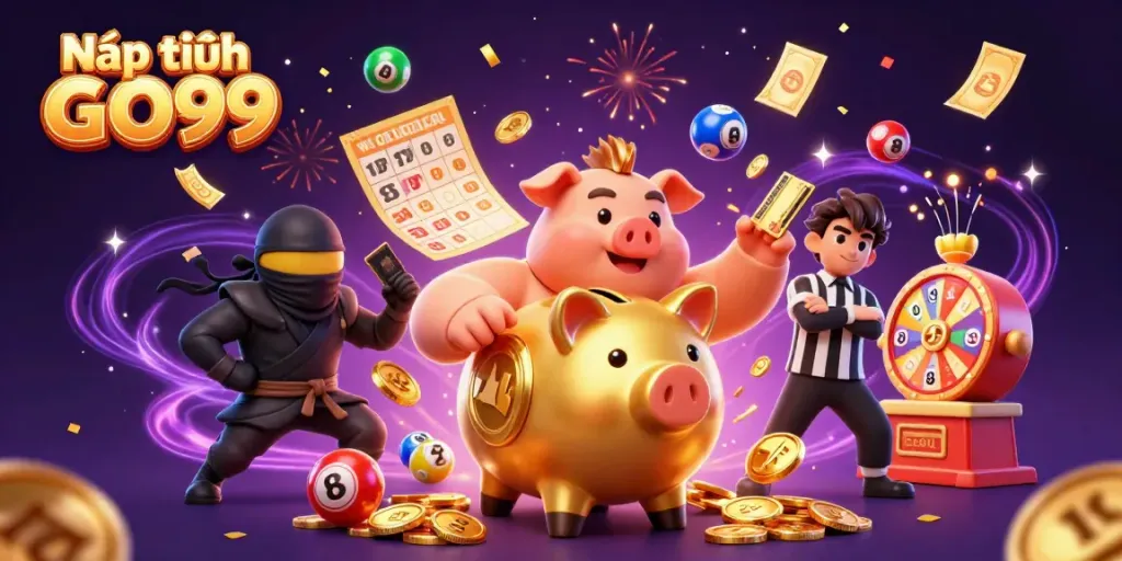 Nạp tiền GO99 with a playful sumo wrestler piggy bank and ninja characters amid colorful gaming elements.