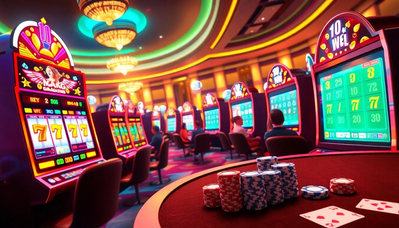 Nổ hũ players winning jackpots at a luxurious casino with colorful slot machines.