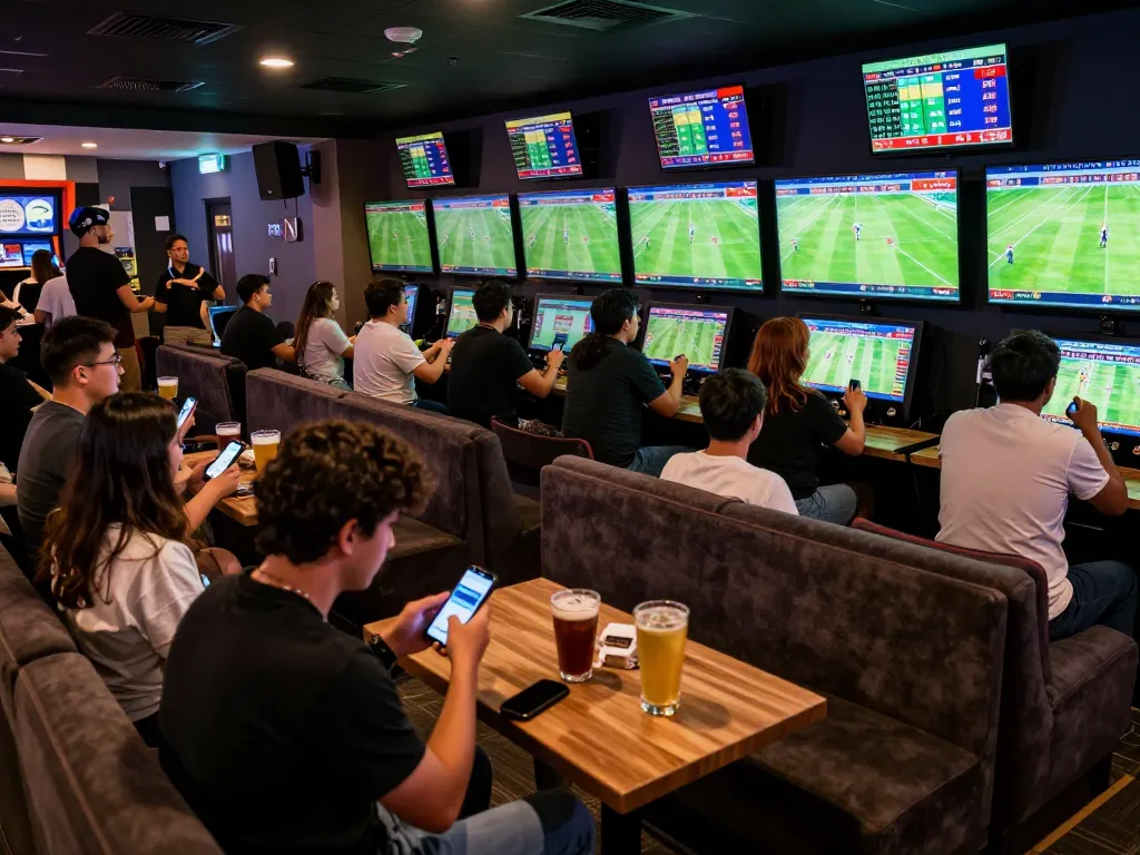 View of exciting sports betting scene at Vuasanco with fans using mobile apps to place bets while watching live matches.