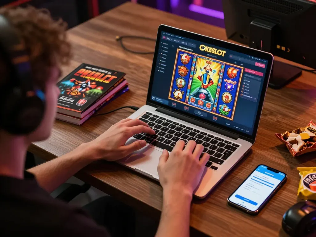 Keberadaan permainan online yang menarik dengan seorang pemain menggunakan OKESLOT di laptop, menampilkan antarmuka permainan yang berwarna-warni.