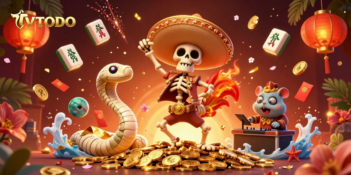 Engage with TVTOTO's vibrant casino atmosphere featuring a cartoon skeleton mariachi rooster celebrating on golden coins.