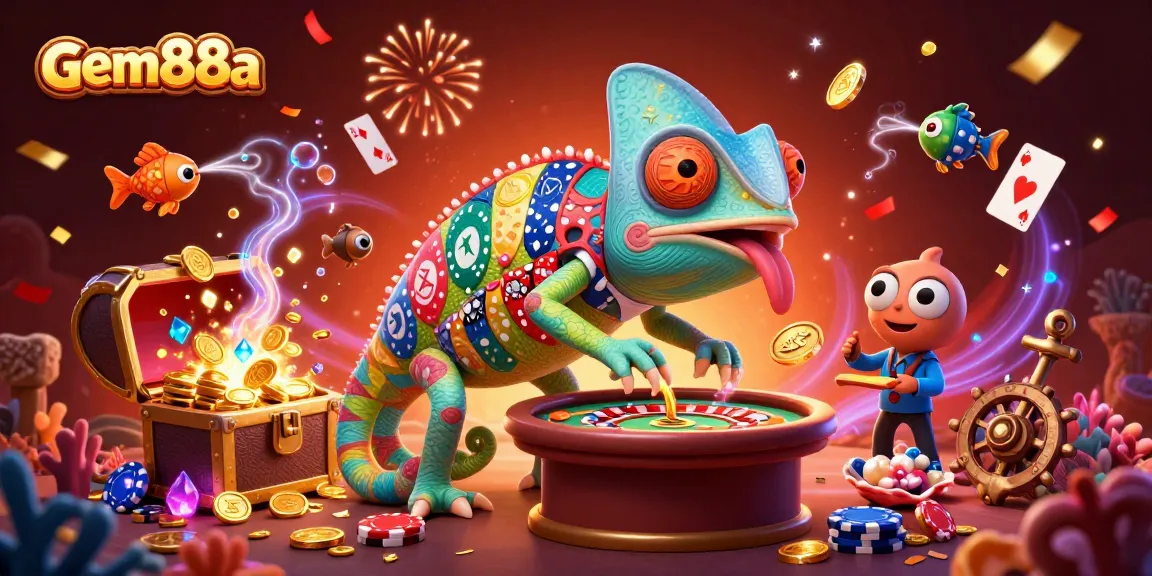 Experience the thrill of gambling at gem88a with vibrant casino elements and a unique chameleon character.