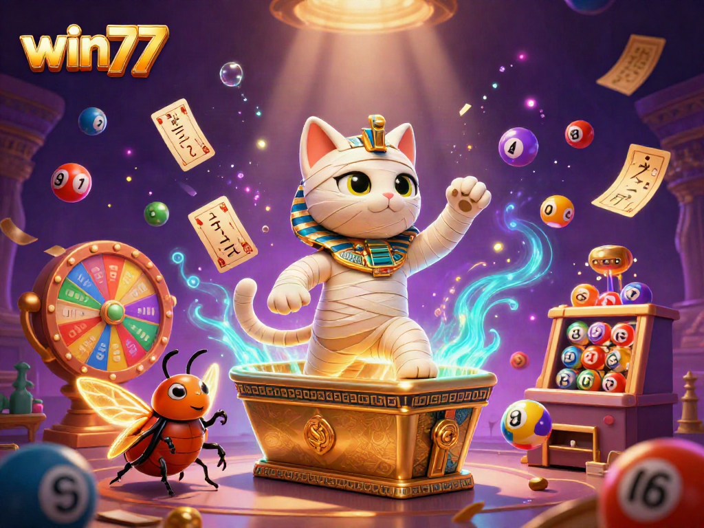 Memenangkan hadiah di win77 dengan ilustrasi kasino pyramid dan karakter lucu