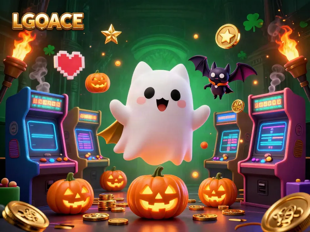 LGOACE showcases a playful ghost cat in a vibrant casino environment, engaging with dynamic gaming elements.