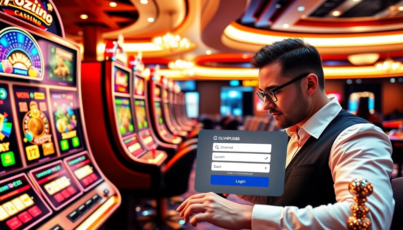 OLYMPUS88 login showcasing vibrant slot machines and an exciting gambling atmosphere.