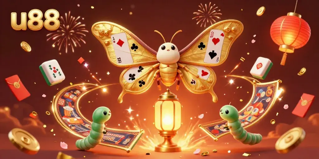 Experience thrilling u88 gameplay with a vibrant depiction of a cartoon atlas moth and casino elements.