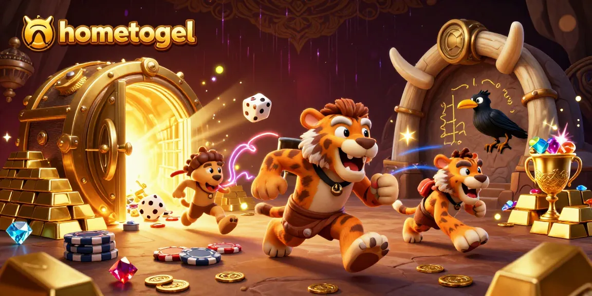Experience hometogel's vibrant 3D casino scene with dynamic characters and rich gold treasures.