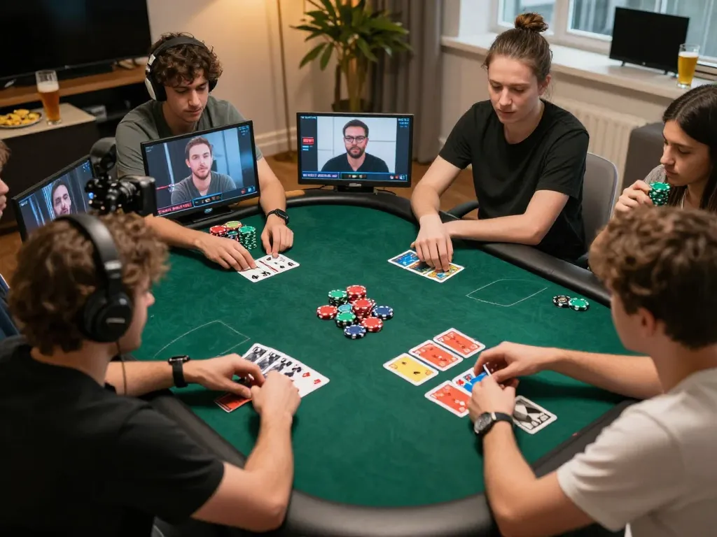 Pemain berpartisipasi dalam sesi permainan poker online yang menarik di paris888 dengan pengaturan meja yang cerah dan interaksi sosial.