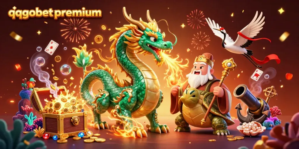 Experience exciting gaming with qqgobetpremium featuring a jade dragon, turtle sage, and lucky cranes.