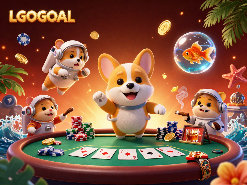 Engage with LGOGOAL as the astronaut corgi navigates a vibrant space casino scene.
