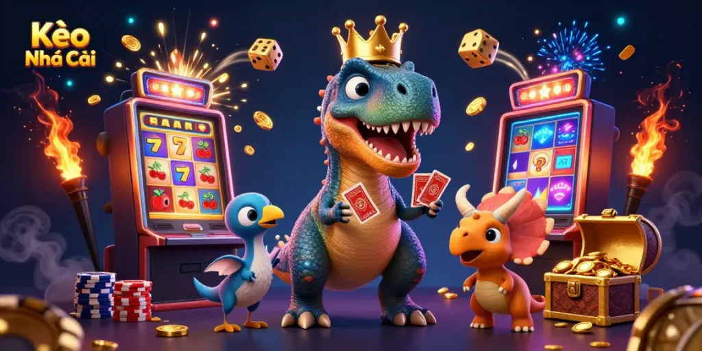 Kèo Nhà Cái showcases a playful scene with a T-Rex shuffling cards, a pterodactyl assisting, and a triceratops stacking chips among slot machines and casino elements.