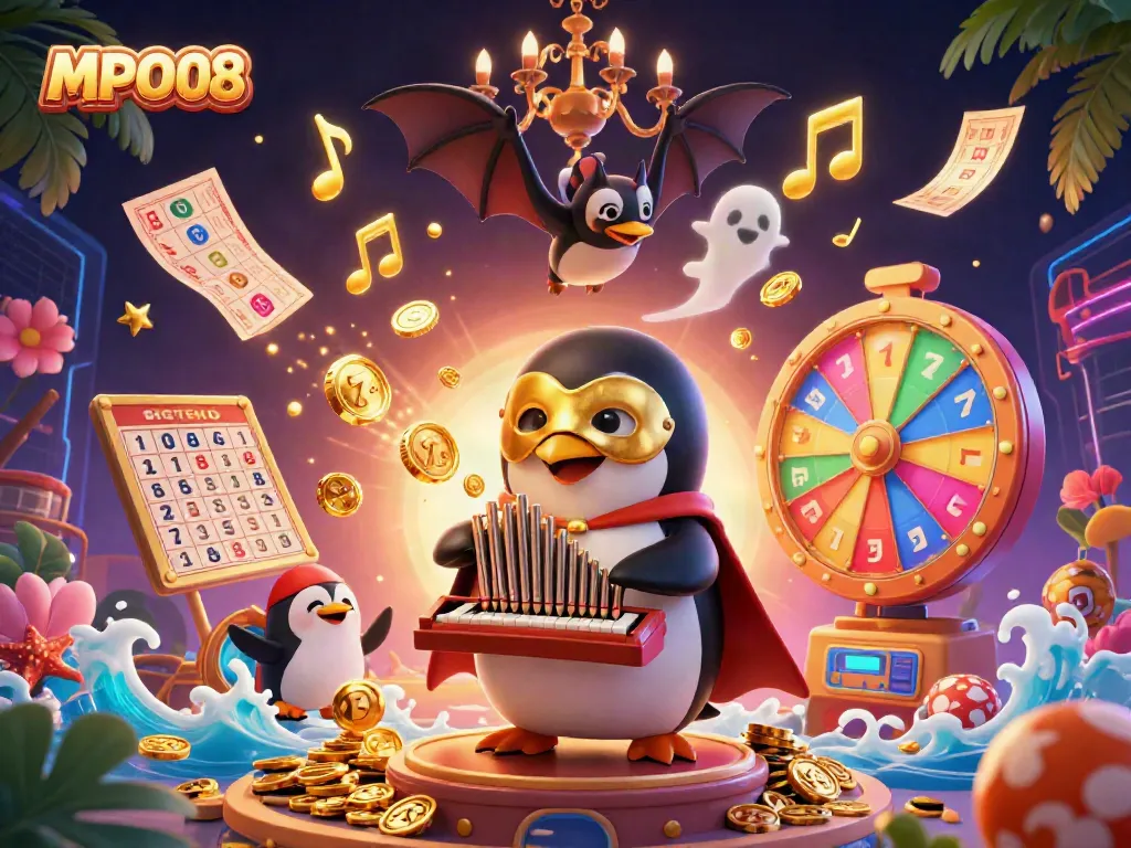 MPO08 showcases a vivid 3D illustration of a phantom penguin playing a pipe organ followed by dynamic casino elements.