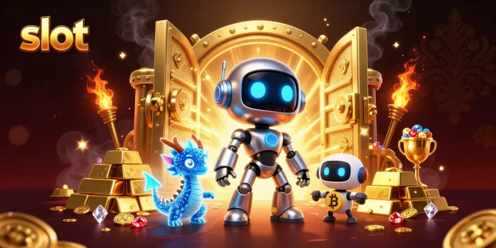 Experience thrilling slot action with vibrant robotic characters and gold treasures.