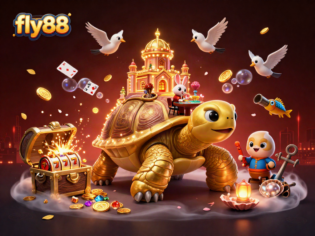Engage with fly88’s exciting slots along with a golden tortoise and rabbit dealer in a vibrant casino scene.