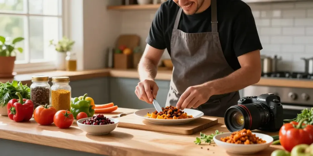 Proses memasak dengan annatto di dapur cerah, chef mengolah bahan segar.