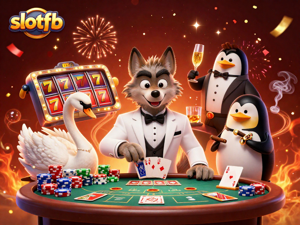 Engage in thrilling slotfb games with cartoon characters at a vibrant casino scene.