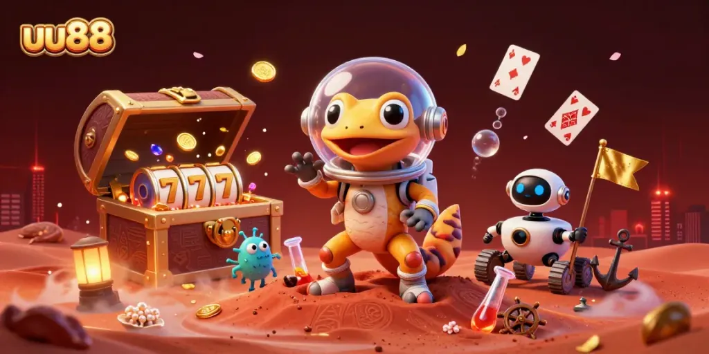Experience thrilling gameplay at uu88, featuring spinning slot reels and colorful casino elements.