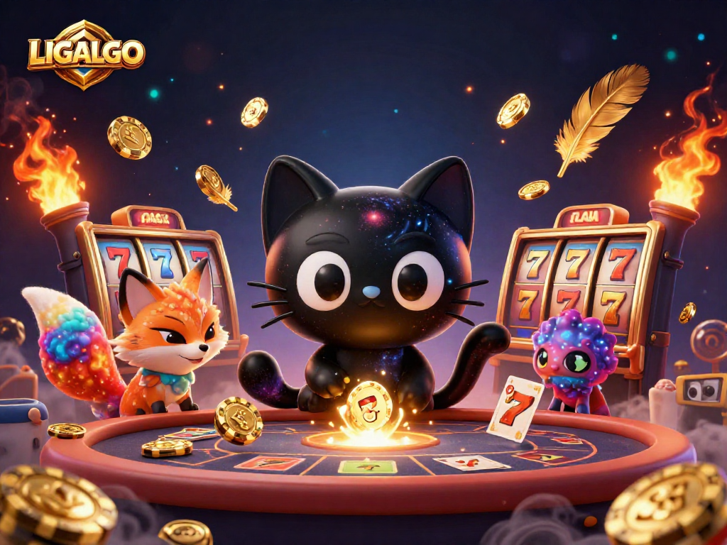 LIGALGO attracts players with a captivating cosmic casino scene featuring animated characters pulling in chips.