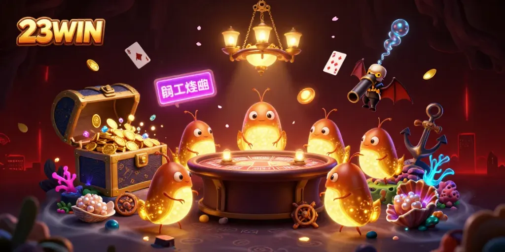 Illuminate your gaming experience with 23WIN's vibrant casino scene filled with glowworms and treasures.