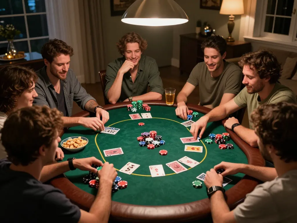 Players engage in a lively home poker night around the table with jokerapp123a for an entertaining experience.