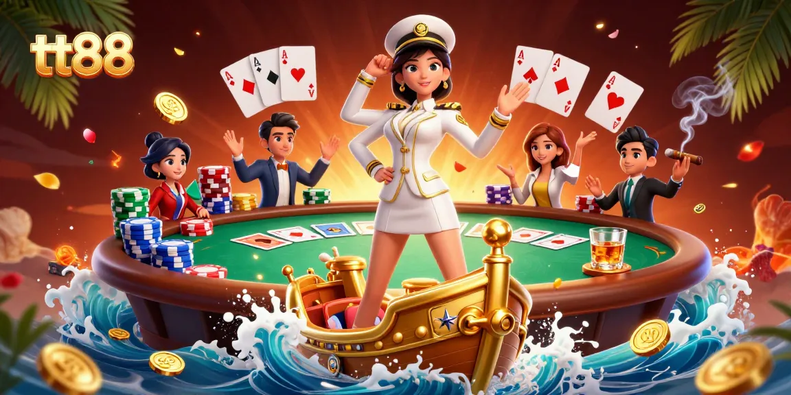 Experience thrilling games at tt88, featuring a charismatic dealer with poker chips and cards.
