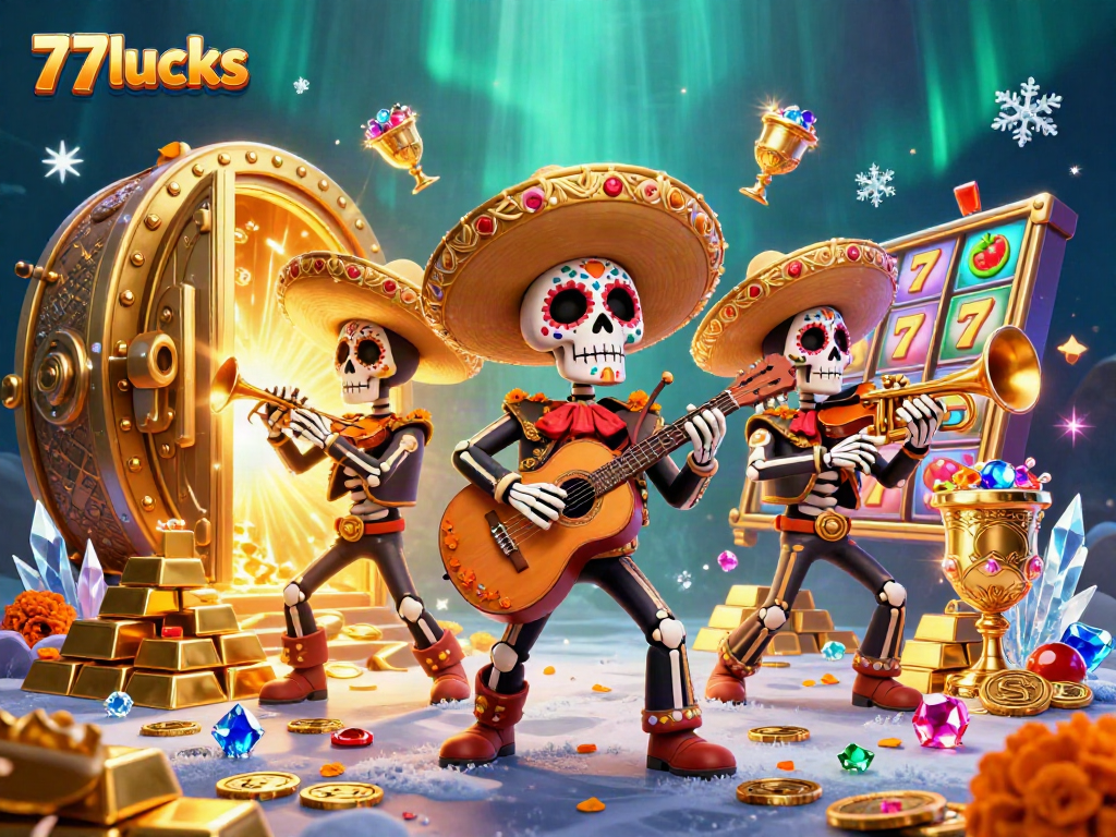 Slot reel berputar dan simbol buah di dekat band mariachi dia de los muertos 77lucks yang bersinar.