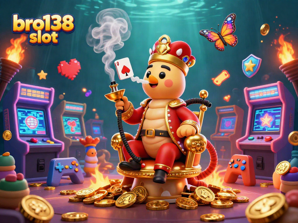 Experience the thrill of bro138 slot with a vibrant 3D cartoon illustration packed with gaming symbols and excitement.