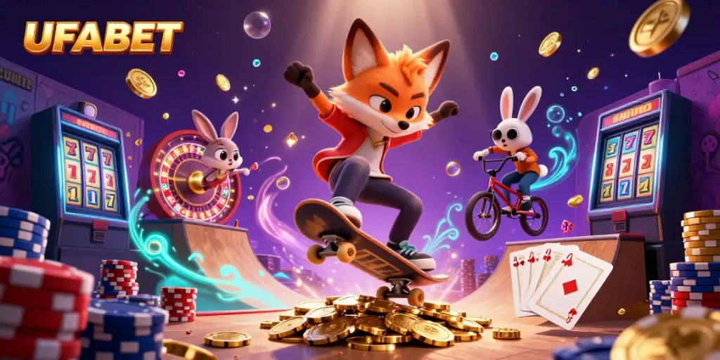 Experience UFABET with a vibrant scene of a fox and rabbit amid casino excitement
