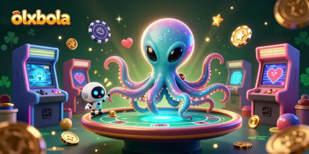 Engage with olxbola's vibrant holographic poker experience surrounded by alien and arcade elements.