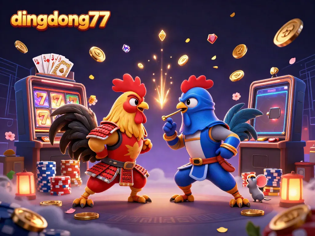 Experience the thrill of dingdong77 with dynamic gameplay featuring samurai and ninja roosters in a vibrant casino setting.