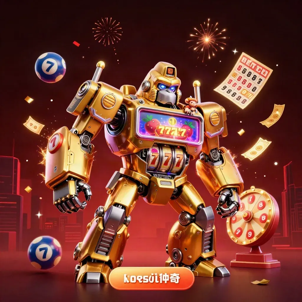 Gorila mech emas dengan pilot monyet, dikelilingi bola lotre, roda hadiah, dan confetti neon.