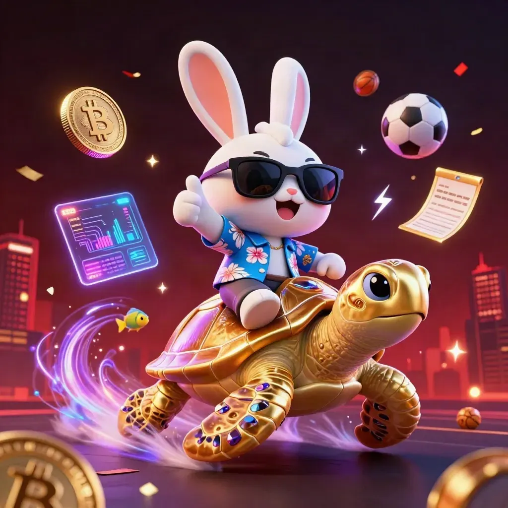 Kelinci kartun naik kura-kura emas, dikelilingi koin kripto, bola, kembang api, dan efek neon.