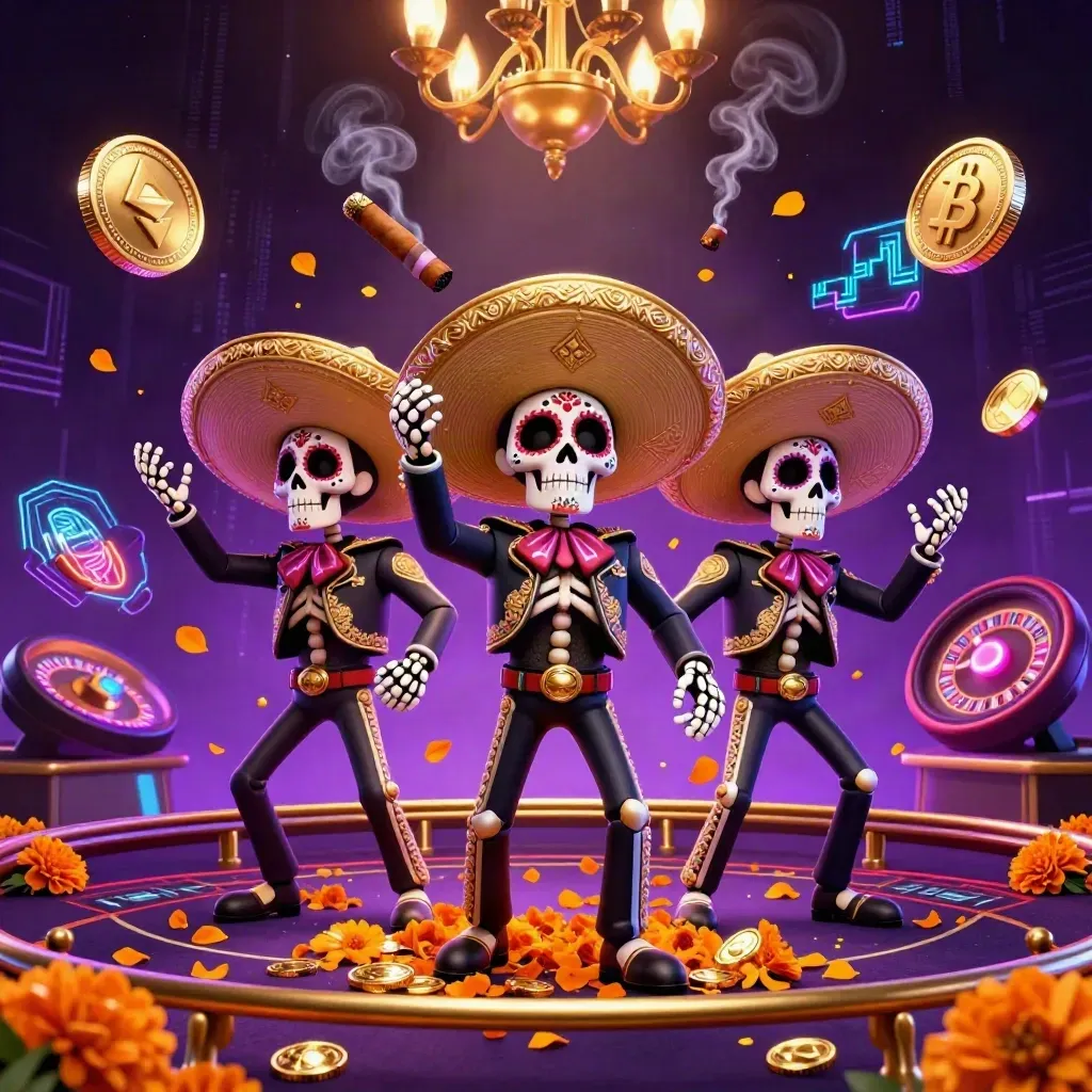Tiga kerangka mariachi 3D di kasino neon, koin kripto, chandelier, dan petir digital.