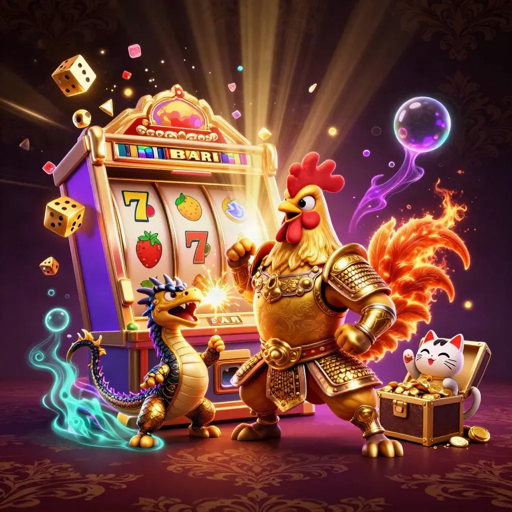 Ayam samurai, anak naga, dan kucing keberuntungan di tengah slot meledak, emas, dan neon.