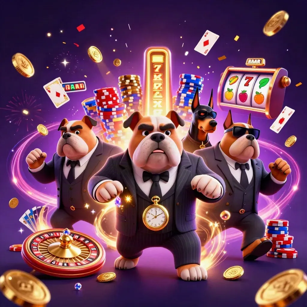 Bulldog bos mafia dan dua doberman dikelilingi koin, permata, dan efek kasino neon ungu-gold.
