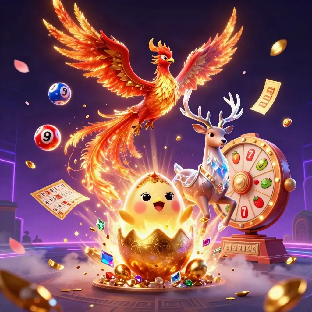 Phoenix api, bayi phoenix, dan rusa kristal dalam ledakan emas dan neon ungu.