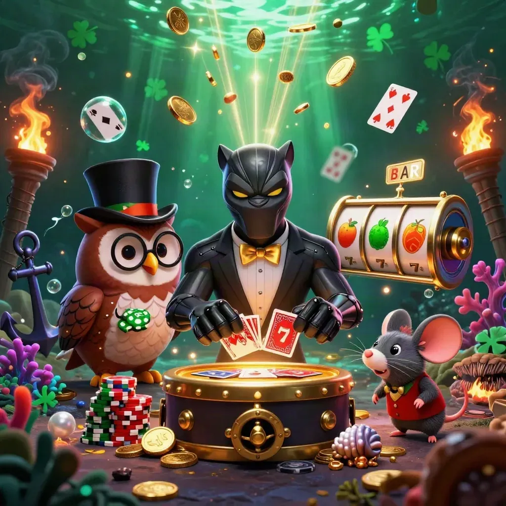 Panther tuxedo, burung hantu, dan tikus di gua harta bawah laut dengan koin emas dan neon.