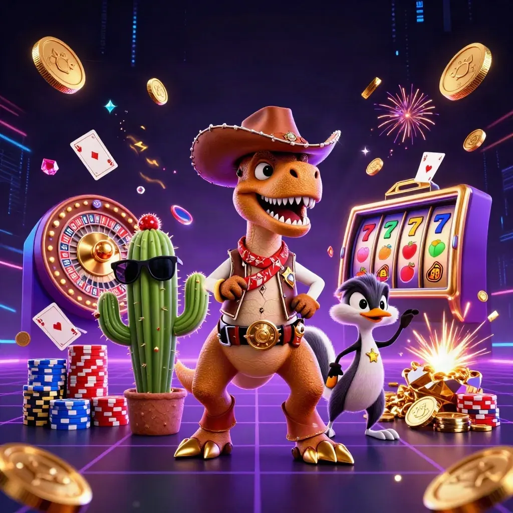 Koboi T-Rex, kaktus, dan roadrunner dikelilingi koin emas, chip, dan kilat neon.