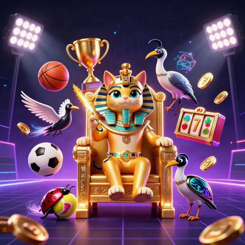 Kucing firaun 3D di takhta emas, ibis juru tulis, dan scarab permata dikelilingi elemen slot neon.