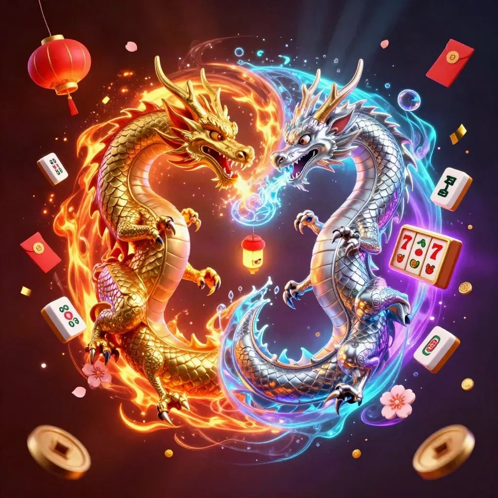 Dua naga kartun emas dan perak melingkar dengan efek slot neon dan lentera kecil.