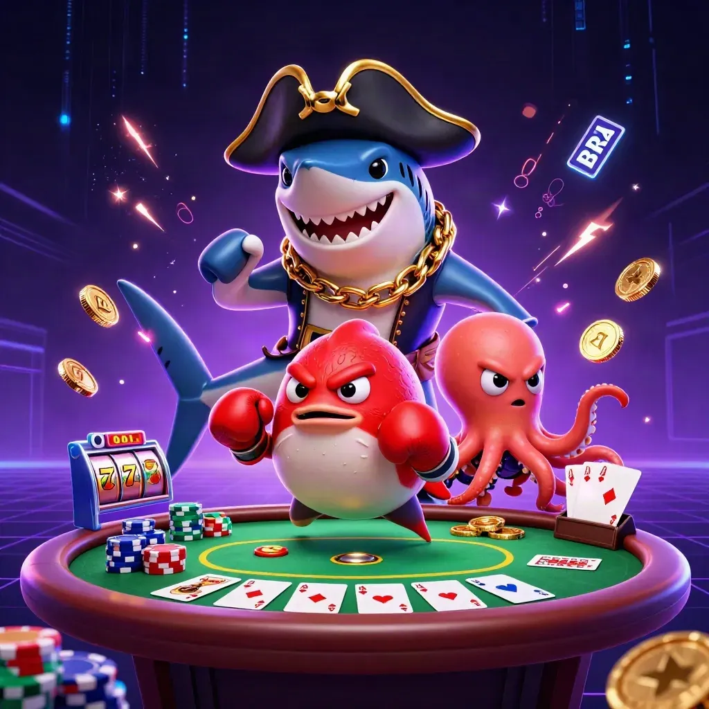 Hiu bajak laut, ikan buntal marah, dan gurita bayi di meja slot neon emas.