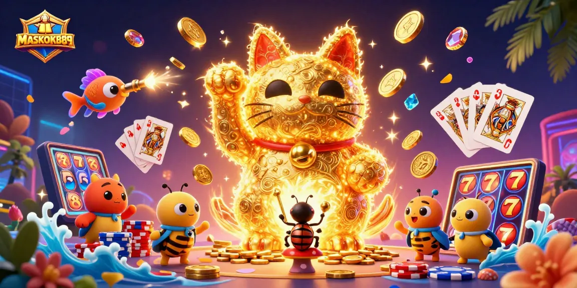 Engage in the thrilling world of MASKOKI889 with a vibrant illustration of a lucky cat and casino symbols.
