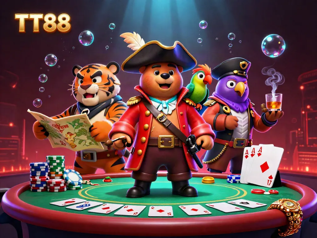 Engage in thrilling casino action at TT88 with a pirate captain bear amid vibrant gaming elements.