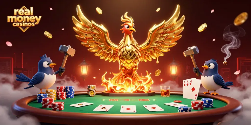Experience the thrill of real money casinos with a golden phoenix and poker elements in a vibrant, detailed scene.