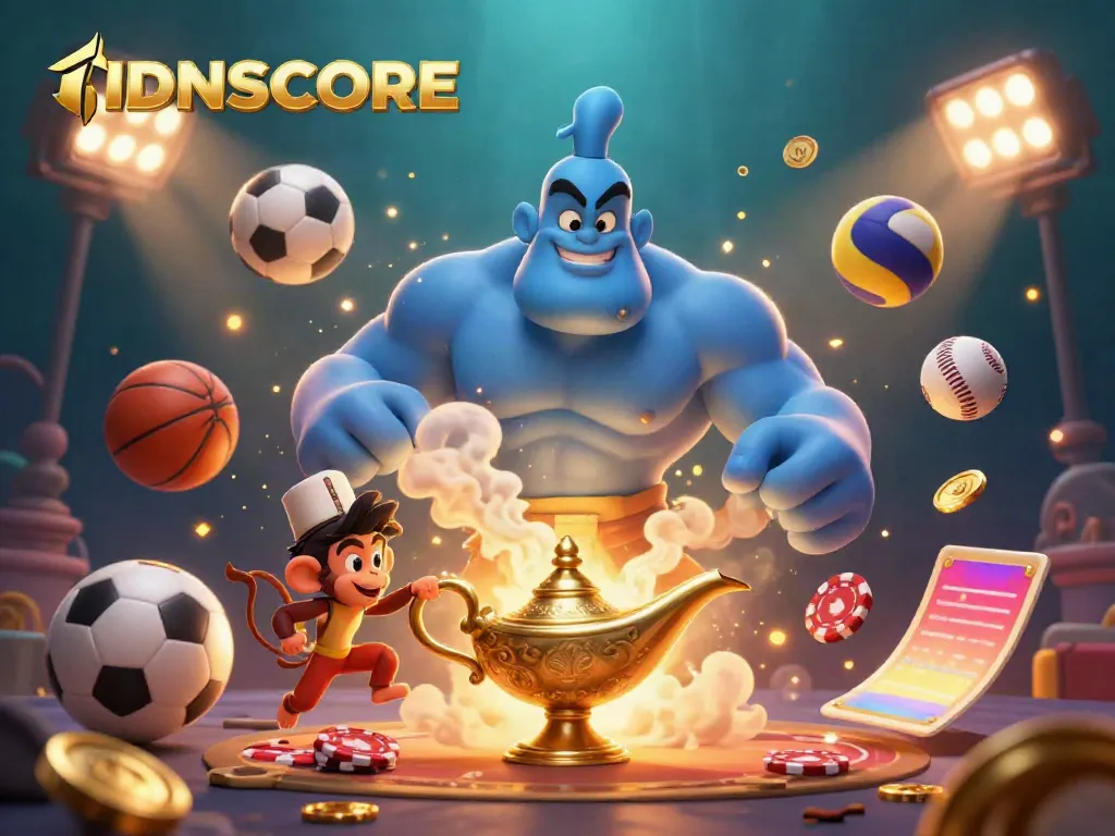 Engage with IDNSCORE, enjoying a vibrant 3D casino fantasy scene where a genie and monkey interact amidst sports and gaming elements.