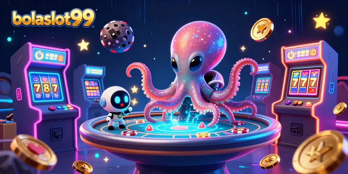Experience the vibrant gaming scene at bolaslot99 with an alien octopus and exciting casino elements.