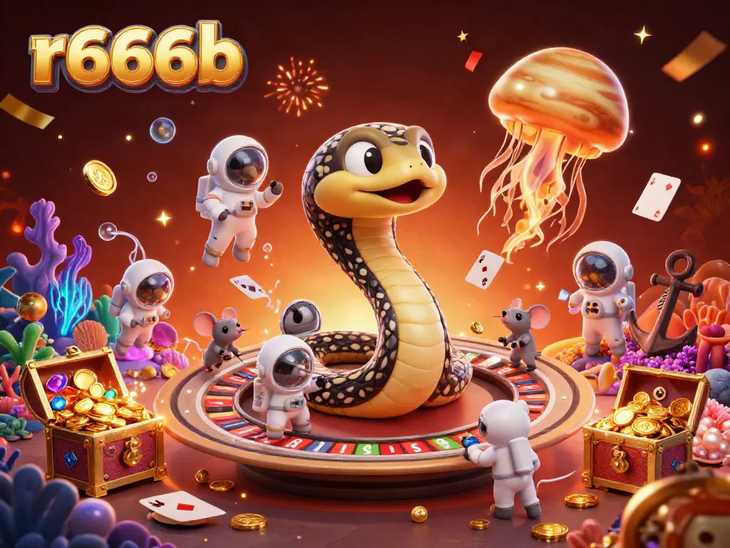 Experience excitement with r666b as astronaut mice bet on a roulette-like Saturn, surrounded by colorful cosmos.