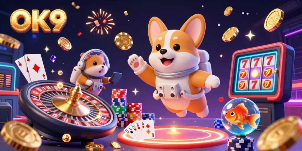 Experience the excitement at OK9, with a charming astronaut corgi enjoying a cosmic casino adventure amidst colorful poker chips and golden coins.